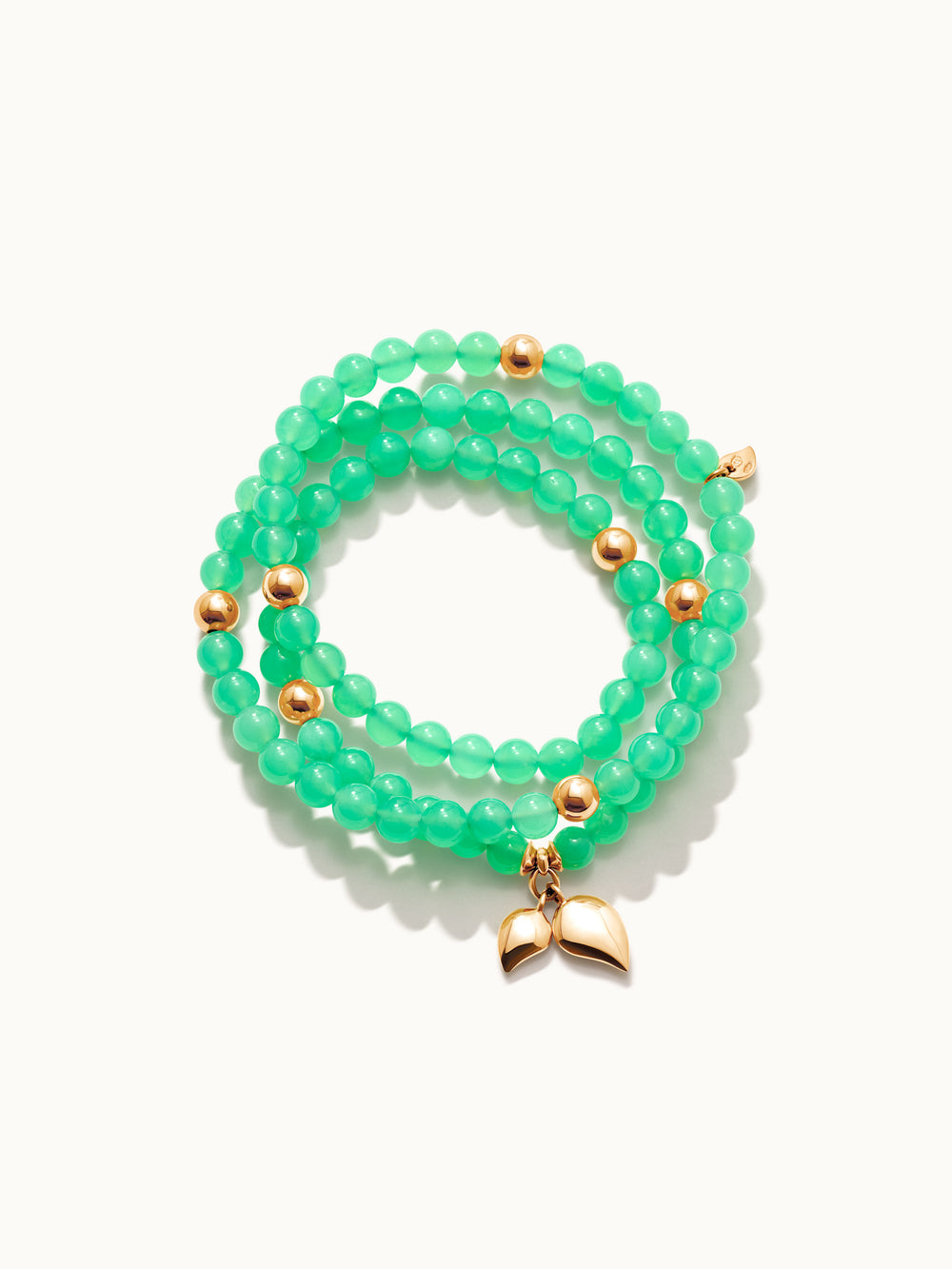 Bracelet INDIA Chrysoprase with golden beads, three row, medium
