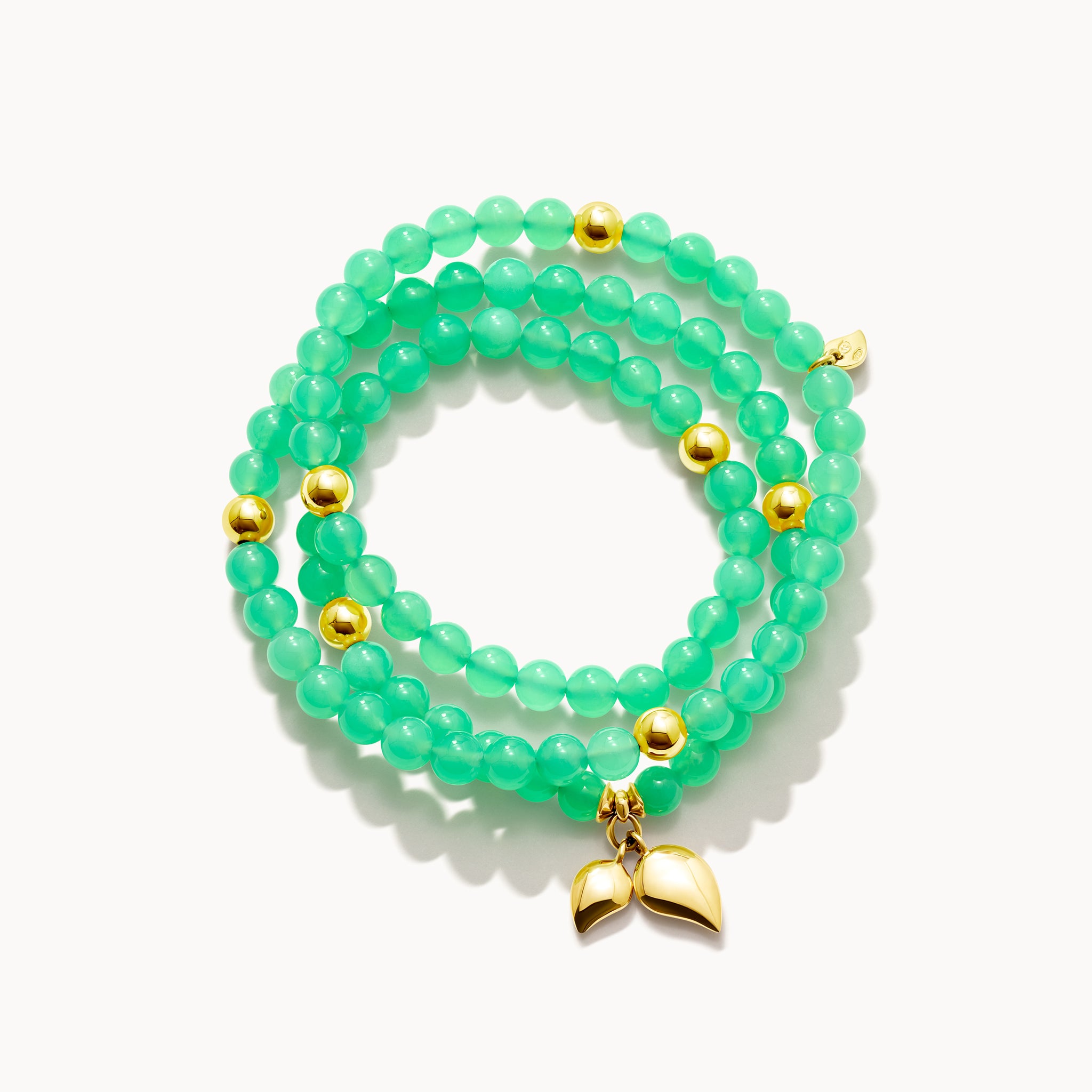 INDIA Medium Bracelet with 18K Gold Beads and Chrysoprase, Three Rows