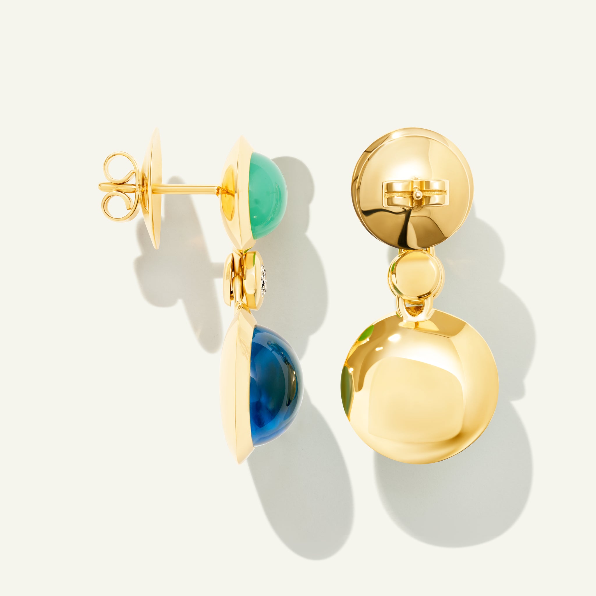 BOUTON 2 Cabochons Earrings in 'Lagoon' with White Diamonds