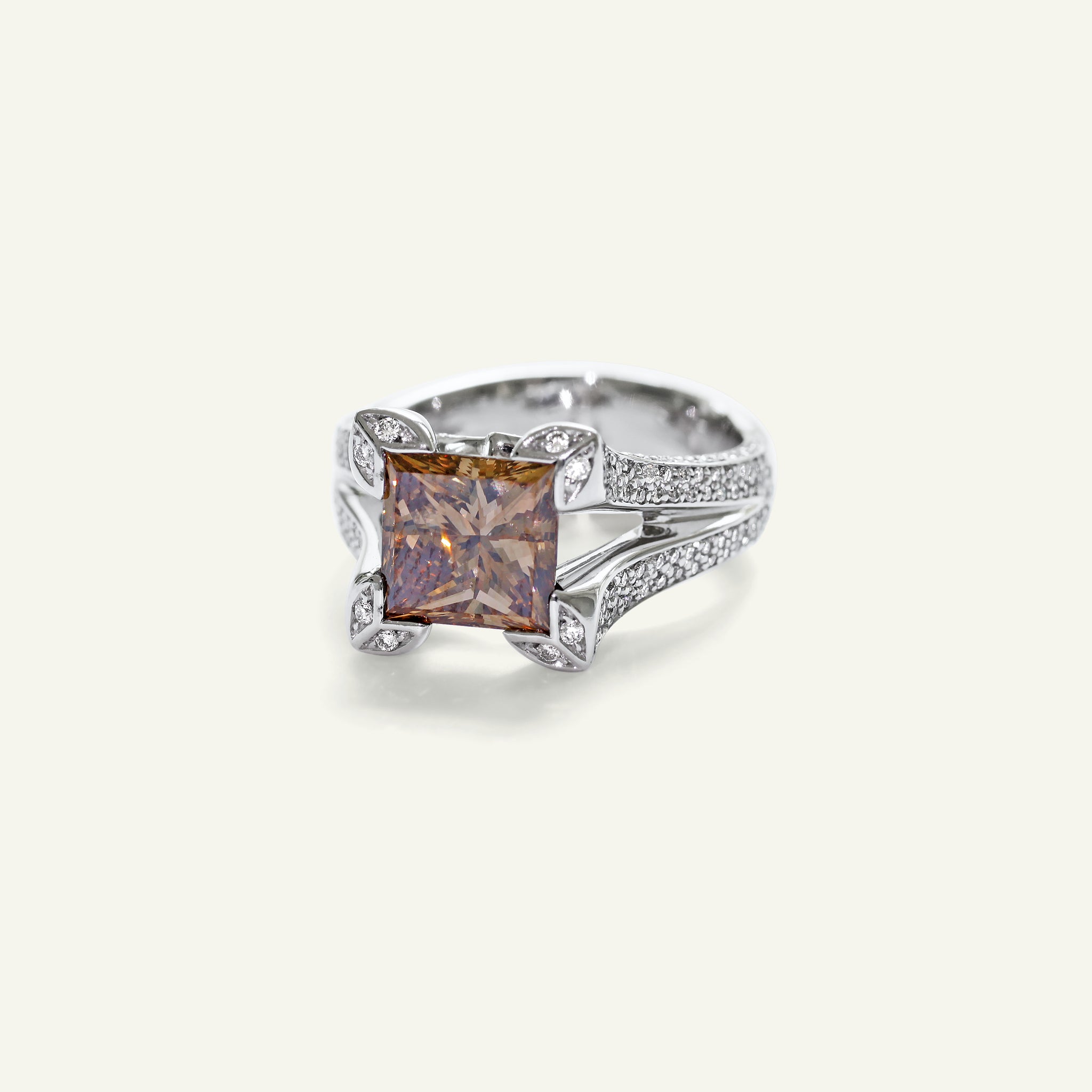 LILY Solitaire Ring with Champagne Diamond and Diamond Pavé