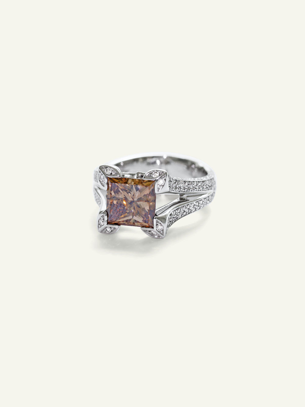 LILY Solitaire Ring with Champagne Diamond and Diamond Pavé